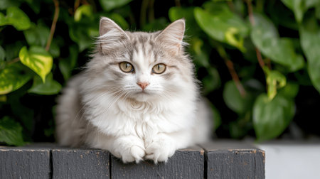 Cute fluffy cat resting on a wooden ledge with vibrant green leaves in the background, showcasing its beautiful eyes and soft fur in natural lightの素材