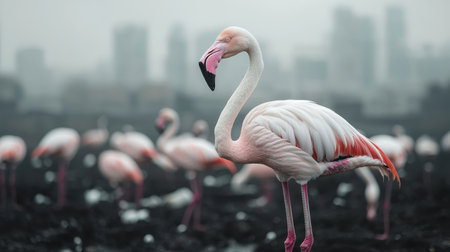 Elegant Flamingos Standing Gracefully Against a Misty Urban Skyline, Showcasing Nature's Beauty Amidst Modern Architecture and Serenity in Motionの素材