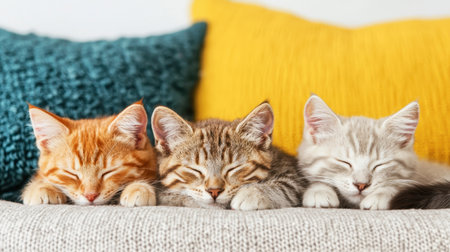 Sleepy felines resting on a cozy sofa with colorful cushions in a tranquil indoor environment, showcasing their peaceful and adorable natureの素材