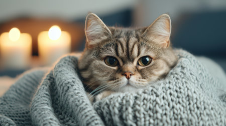 Cozy Cat Wrapped in Soft Gray Blanket Next to Warm Candlelight in Soft Evening Lightの素材