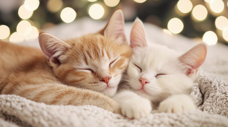 Two Cute Kittens Sleeping Together with Soft Blanket and Warm Background Lights in Cozy Indoor Environmentの素材