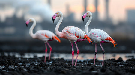 Three Elegant Flamingos Standing Gracefully in Wetland Habitat with Industrial Background and Soft Sunset Lightの素材