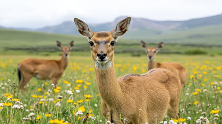 Majestic Deer Grazing in a Vibrant Wildflower Meadow with Rolling Hills in the Background Under a Soft Cloudy Skyの素材