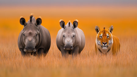 Majestic Rhinos and Tiger in Golden Grassland Landscape Captured at Dusk in Natural Habitat Under Soft Cloudy Skyの素材