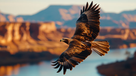 Majestic Eagle Soars Over Scenic Landscape at Sunrise with Dramatic Sky and Serene River in Background Highlighting Nature's Beauty and Freedomの素材