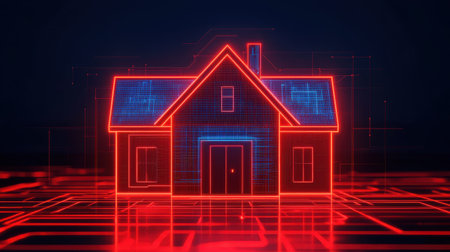 Futuristic Neon House with Circuit Design Representing Concept of Smart Home Technology and Digital Architecture in a Modern Settingの素材