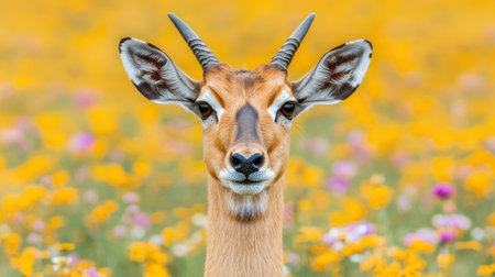 Close-Up View of a Gazelle in a Vibrant Wildflower Field with Yellow and Pink Blossoms in Full Bloom During a Sunny Day in Nature's Splendorの素材