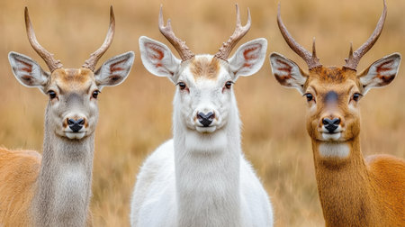 Trio of Majestic Deer Standing Proudly in Grassy Meadow with Fluffy Brown Grass Under Soft Natural Light During a Calm Day in Nature's Habitatの素材