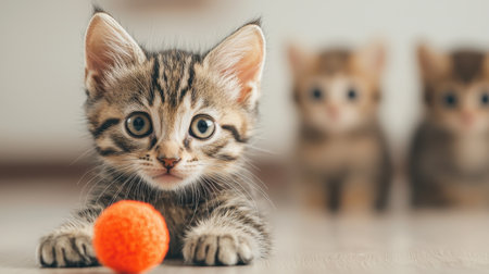 Adorable Tabby Kitten Playing with Vibrant Orange Ball in Cozy Indoor Environment with Other Kittens in Background during Playful Momentの素材