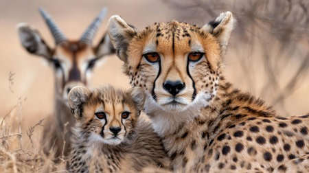 Majestic Cheetah and Its Cub Portrait in the Wild with Antelope in Background Capturing African Wildlife Serenity and Natural Habitat Momentsの素材