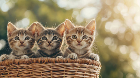 Three adorable kittens sitting together in a cozy wicker basket surrounded by a warm and inviting outdoor setting filled with soft sunlight.の素材