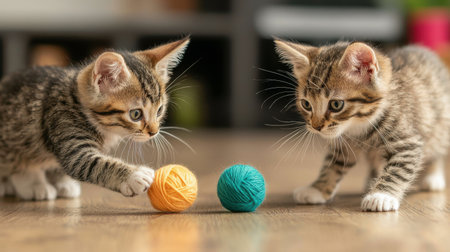 Playful Kittens Engaged in Fun with Colorful Yarn Balls on Wooden Floor in Cozy Indoor Setting, Captivating Moment of Innocence and Curiosityの素材