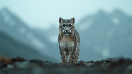 Majestic Snow Leopard Stands Proudly on Rocky Terrain with Snowy Mountains in Background, Capturing the Essence of Wilderness and Natural Beautyの素材