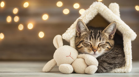 Cute Cat Sleeping Peacefully in Cozy House with Soft Toy Bunny Surrounded by Warm, Blurred Fairy Lights in a Homey Settingの素材