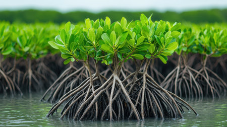 Lush Mangrove Trees with Strong Roots in Calm Water Environment Surrounded by Vibrant Green Foliage Under Clear Sky for Nature Conservation and Biodiversityの素材