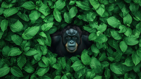 Close-Up of a Gorilla Face Emerging from Lush Green Leaves in a Dense Tropical Jungle Environmentの素材
