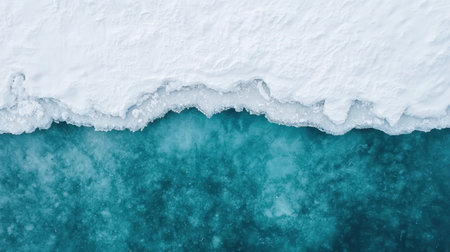 Aerial View of Icy Snow-Covered Landscape with Turquoise Water Beneath Glacial Ice, Capturing the Beauty of Nature in Wintery Cold Conditionsの素材