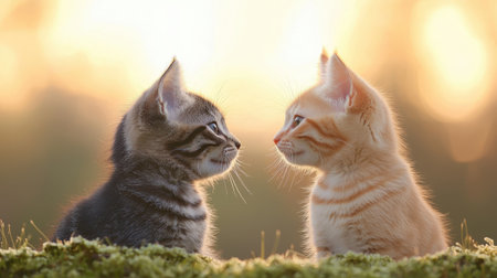 Two Adorable Kittens Gazing at Each Other in a Soft Sunset Glow, Capturing the Essence of Friendship and Innocence in Nature's Embraceの素材