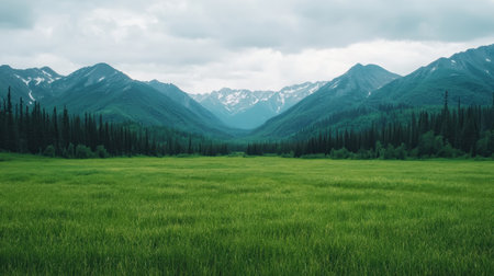 Serene Mountain Landscape with Lush Green Field and Majestic Peaks Under Cloudy Skyの素材