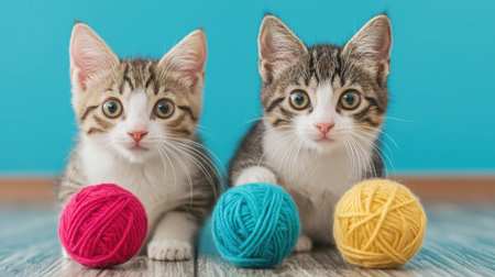 Two Adorable Kittens Playing with Colorful Yarn Balls on a Bright Background in a Playful Atmosphere Captivating the Hearts of Cat Lovers Everywhereの素材