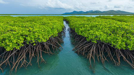 Lush Green Mangrove Forest with Exposed Roots and Calm Waters under a Cloudy Sky in a Coastal Landscapeの素材