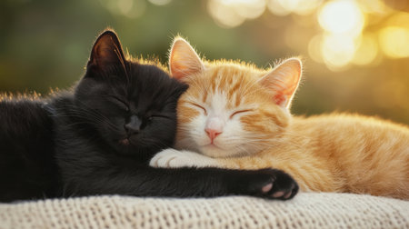 Two adorable kittens sleeping together, one black and one orange, illuminated by warm sunlight, creating a peaceful and heartwarming scene of companionship.の素材