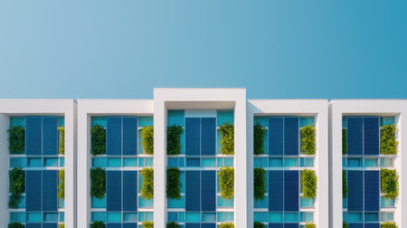 Modern Residential Building with Solar Panels and Greenery Against Clear Blue Sky for Sustainable Living and Eco-Friendly Architectureの素材