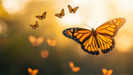 Majestic Monarch Butterflies in Flight Against a Soft Sunset Background, Symbolizing Transformation and Natural Beauty in Soft Lightの素材