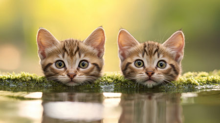 Two Curious Kittens Playfully Peeking Over a Mossy Log by a Tranquil Water Surface Highlighting Their Adorable Features and Expressions in Natural Lightの素材