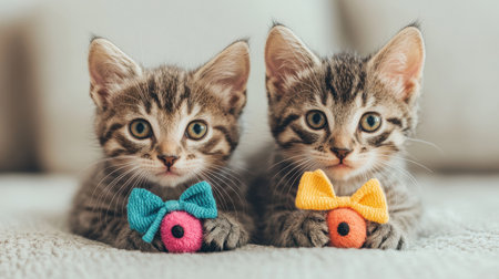 Adorable Tabby Kittens Playfully Posing with Colorful Toys and Bow Ties in a Cozy Home Setting, Showcasing Their Cute Expressions and Curiosityの素材