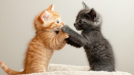 Adorable orange and gray kittens playfully interacting with each other in a light and inviting indoor settingの素材
