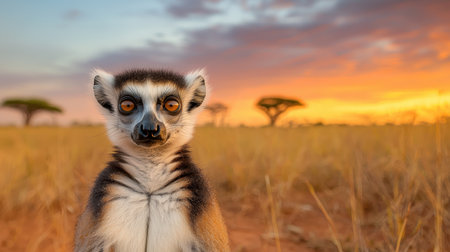 Close-up of a Curious Lemur Against a Stunning Sunset over an African Landscape with Grass and Trees in the Backgroundの素材