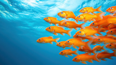 Vibrant School of Orange Fish Swimming Gracefully in Clear Blue Water Under Sunlight Displaying Below Surface of Ocean or Aquariumの素材