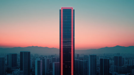 Modern skyscraper illuminated at sunset with vibrant colors above a sprawling urban landscape showcasing architectural beauty and city lifeの素材