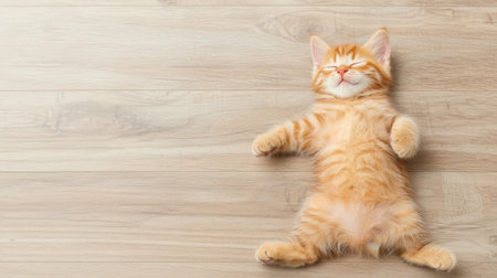 Cute ginger kitten relaxing on wooden floor with eyes closed, capturing a peaceful moment of joy and tranquility in a cozy home environmentの素材