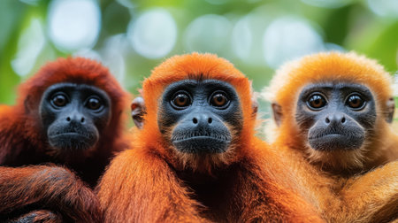 Three Colorful Monkeys Sitting Together in a Natural Habitat Surrounded by Lush Green Foliage and Soft Natural Lightの素材