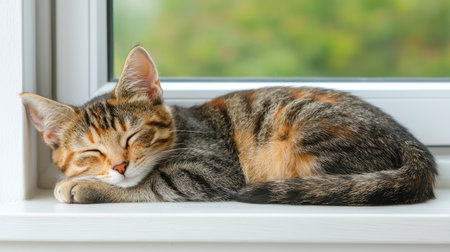Cozy Cat Sleeping Peacefully on a Bright Window Sill with Green Nature Background in a Calm and Relaxing Home Environmentの素材