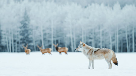 Majestic Coyote Standing in a Snowy Landscape with Frosty Trees and Deer in the Background Capturing the Essence of Winter Wildernessの素材