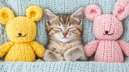 Cute kitten resting peacefully between two colorful knitted toy animals in cozy textile setting, perfect for pet lovers and child-friendly themesの素材