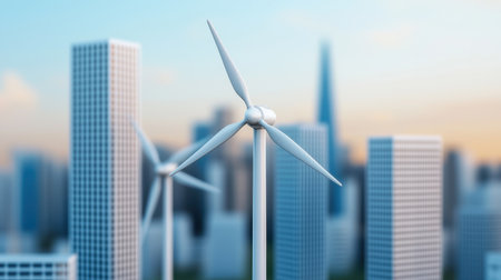 Wind Turbines with City Skyline in Background, Symbolizing Renewable Energy and Urban Sustainability in Modern Metropolis Settingの素材