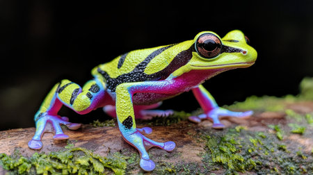 Vibrantly Colored Frog with Striking Patterns Resting on a Mossy Log in a Natural Habitat Near a Dark Backgroundの素材