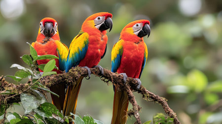 Three Vibrant Scarlet Macaws Perched on a Branch Surrounded by Lush Green Foliage in a Tropical Forest Settingの素材