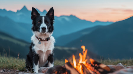 Majestic Border Collie Sitting by a Cozy Campfire with Scenic Mountains and Sunset Background in a Serene Wilderness Settingの素材