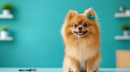 Adorable fluffy Pomeranian dog with blue bow sitting on table in bright and cheerful indoor setting showcasing vibrant colors and pet grooming toolsの素材
