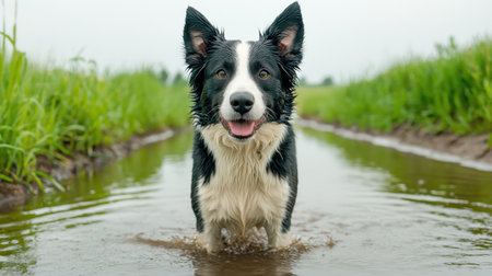 Joyful black and white border collie wades through shallow water in a green grassy field, capturing the essence of happiness in natureの素材