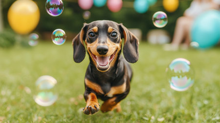 Joyful Dachshund Running Through Bubbles in a Colorful Outdoor Party Setting with Balloons and Lively Background Elementsの素材