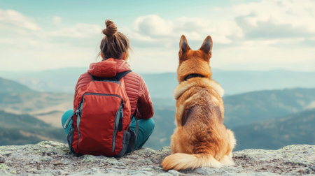 Woman and Dog Enjoying Scenic View from Mountain Top During Golden Hour with Clouds in Sky and Expansive Landscape in Backgroundの素材