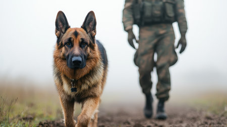 Loyal German Shepherd Dog Walking Alongside a Soldier in Foggy Environment, Symbolizing Partnership and Bond Between Canine and Humanの素材