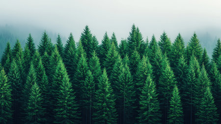 Lush Green Evergreen Forest with Tall Trees and Misty Landscape, Nature's Serenity and Tranquility Captured in the Early Morning Lightの素材