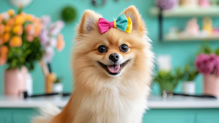 Adorable Pomeranian Dog with Colorful Bow in a Bright Kitchen Setting Surrounded by Flowers and Home Decor Items, Smiling Happily for the Cameraの素材